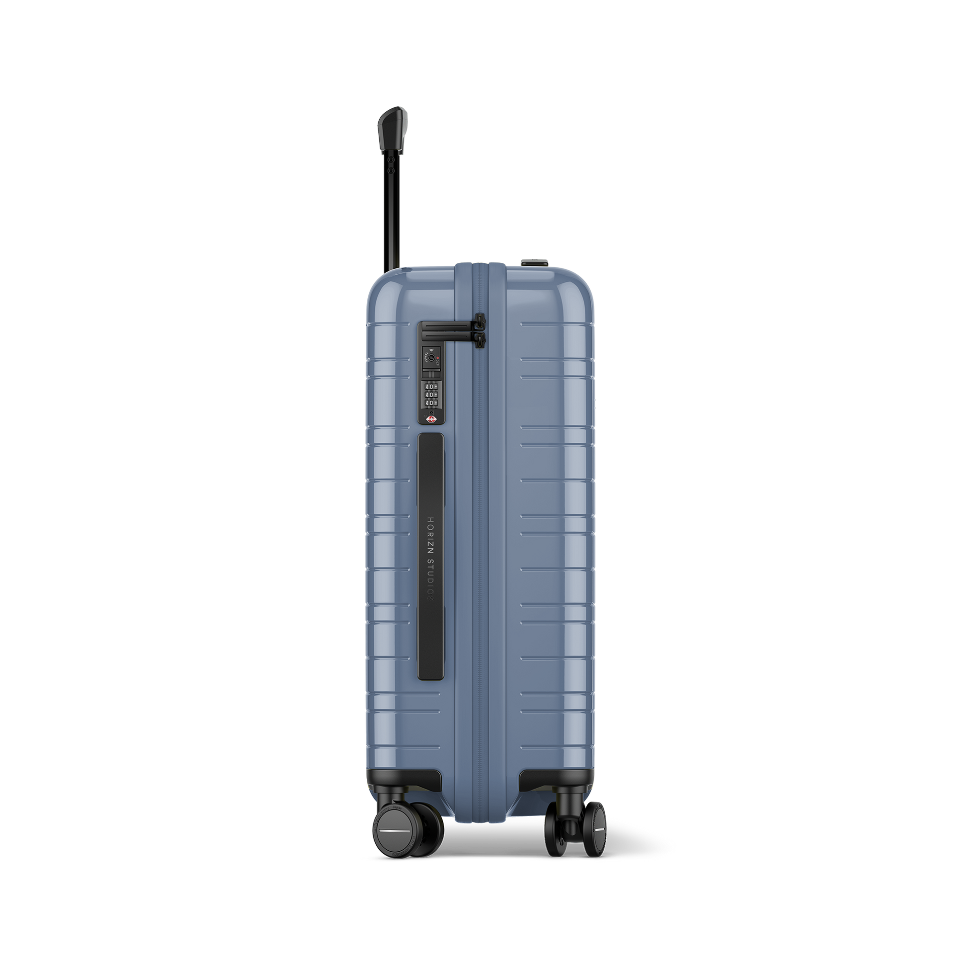 Koffer Essential Glossy Blau Vega Seitenansicht - Hartschale Polycarbonat Leicht Robust - Horizn Studios
