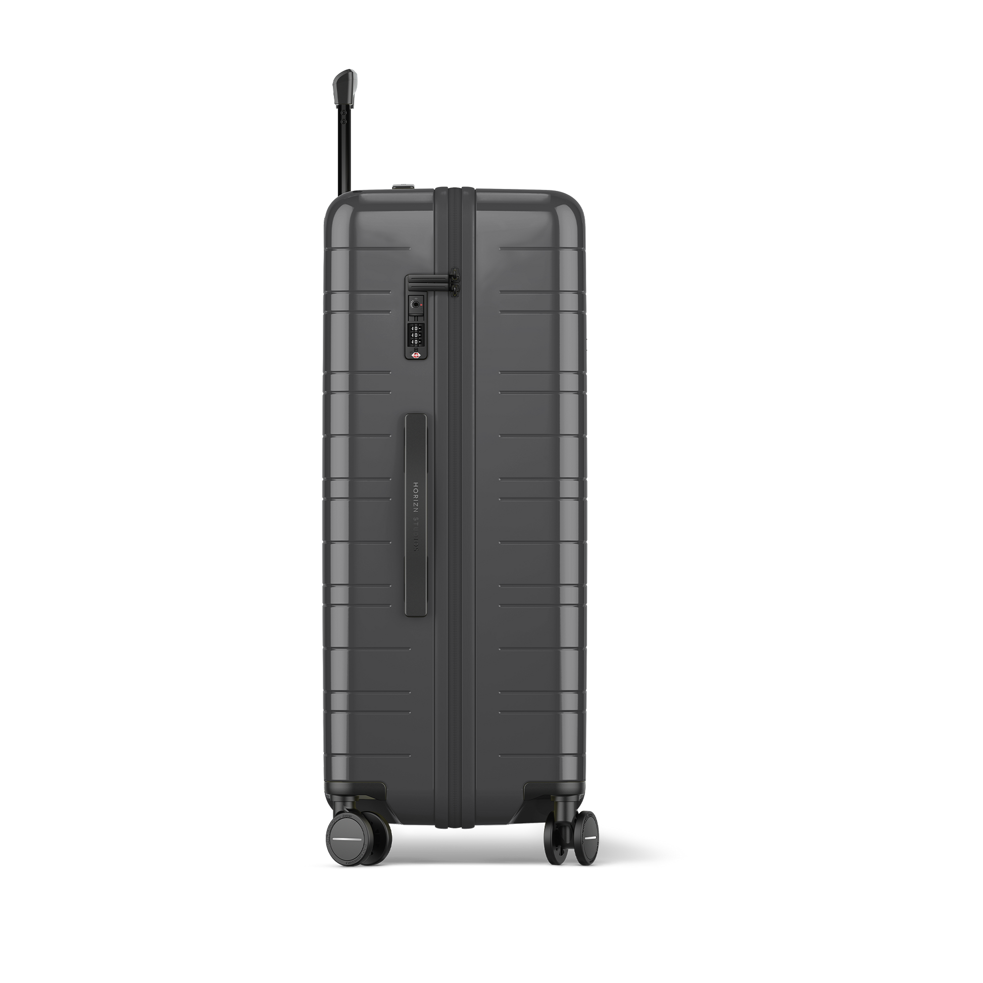 Koffer Essential Glossy Graphite Seitenansicht Bec - Hartschale Polycarbonat Leicht Robust - Horizn Studios
