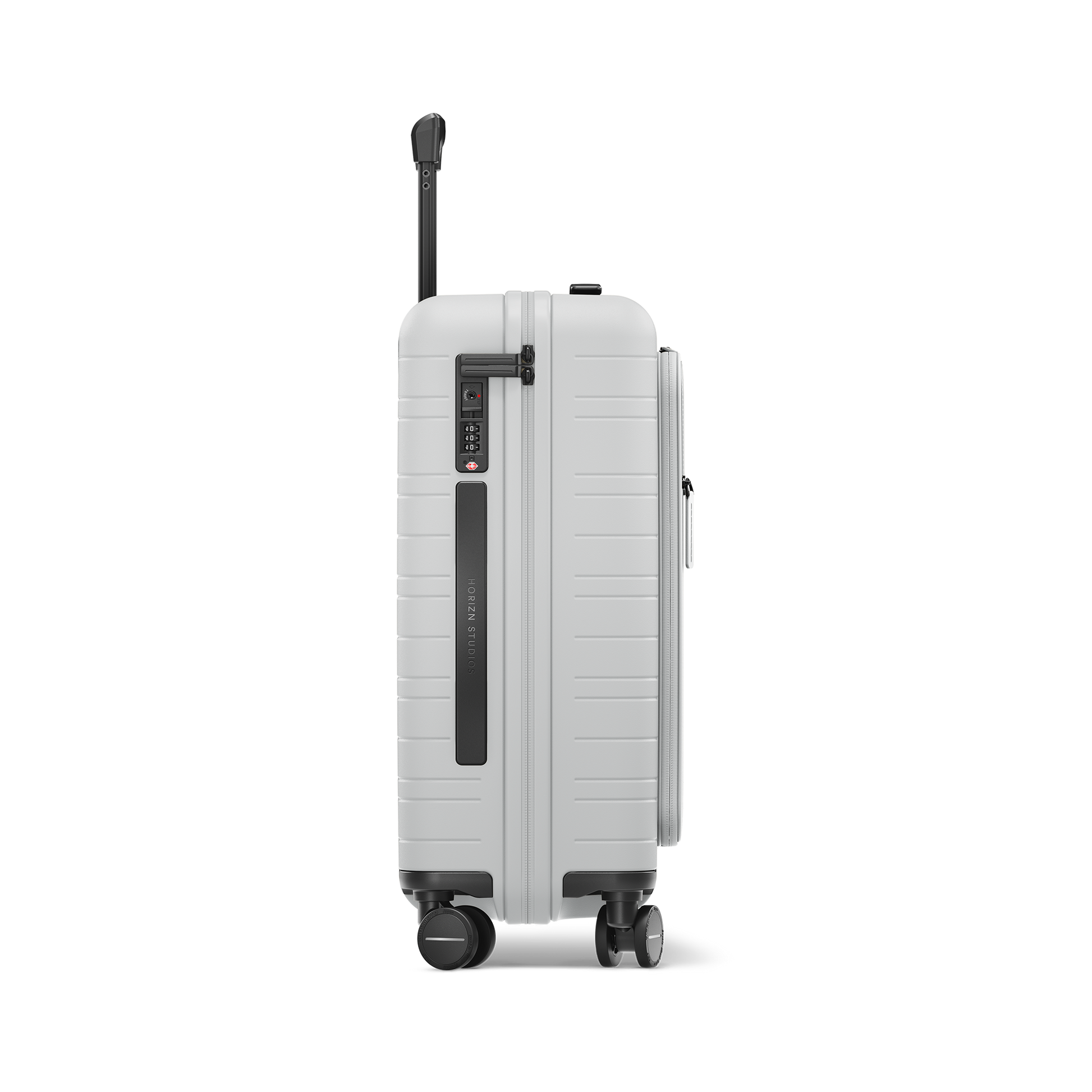 Koffer Essential Light Quartz Grau Seitenansicht - Hartschale Polycarbonat Leicht Robust - Horizn Studios