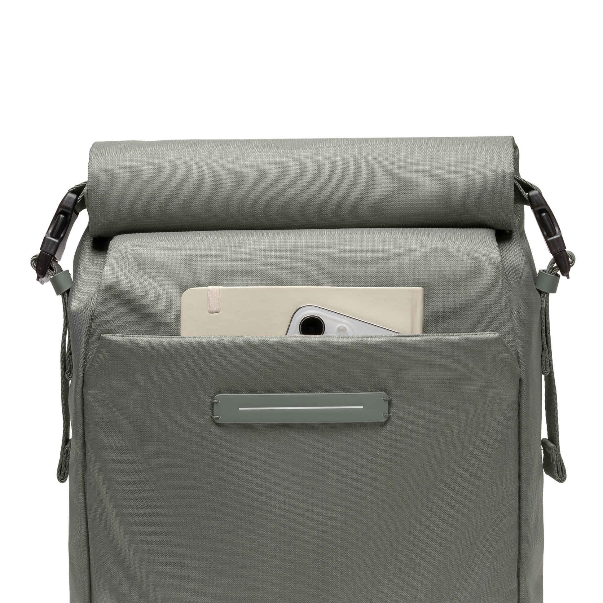 Shibuya Rolltop Rucksack Rucksack Grün Green Fronttasche Detail - Wasserabweisend Vegan Ergonomisch - Horizn Studios