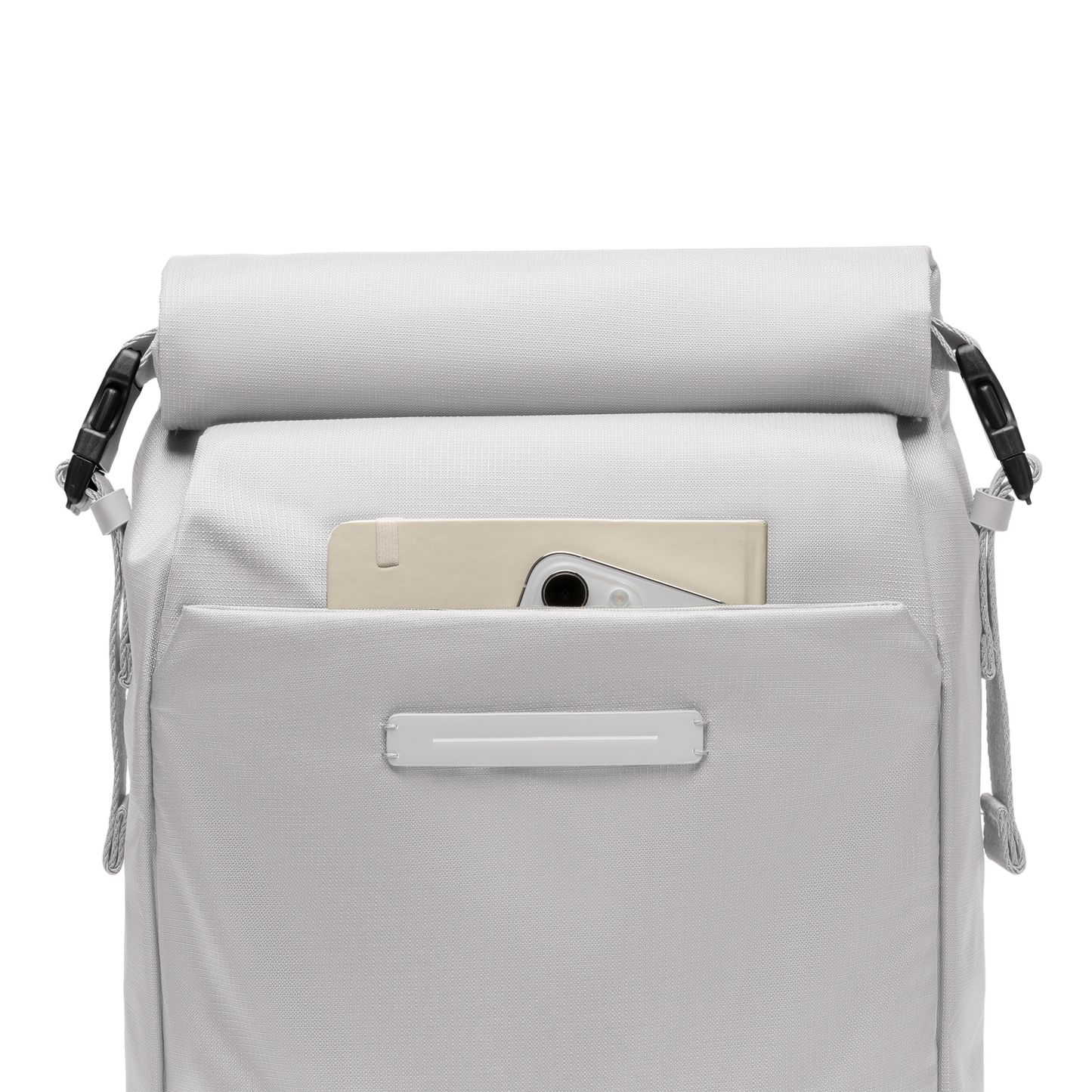 Shibuya Rolltop Rucksack Rucksack Light Quartz Grau Fronttasche Detail - Wasserabweisend Vegan Ergonomisch - Horizn Studios